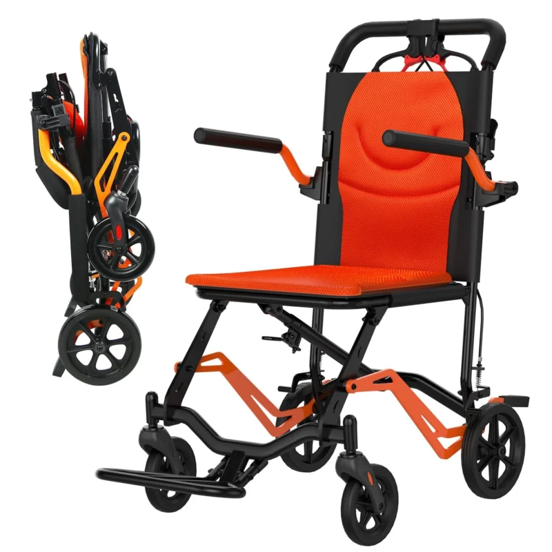 Orange and black lightweight folding travel wheelchair with dual braking system.
