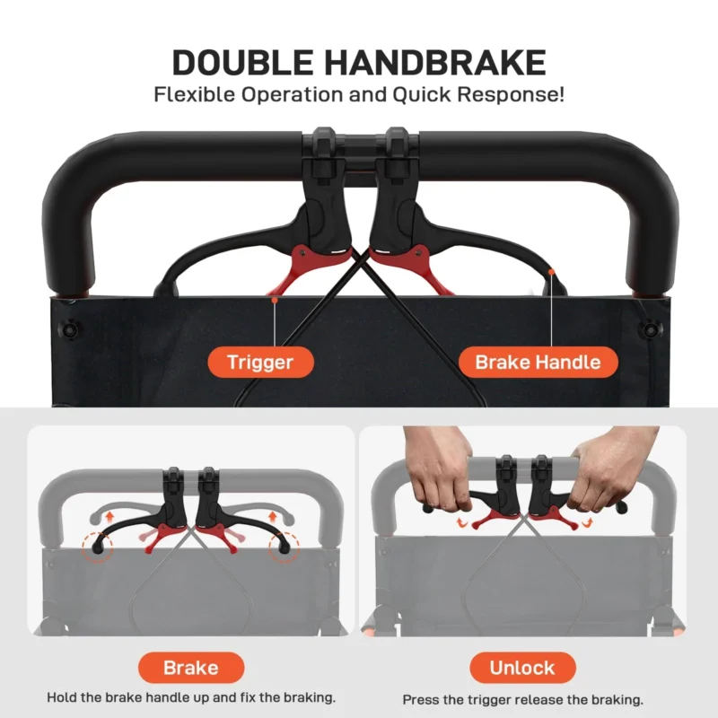 Close-up of the double handbrake system on a folding travel wheelchair.