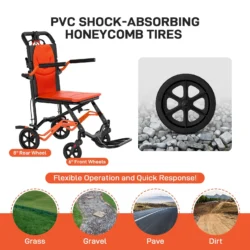 Lightweight wheelchair with PVC shock-absorbing tires and orange seat.