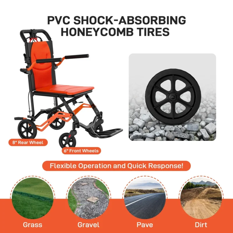 Lightweight wheelchair with PVC shock-absorbing tires and orange seat.