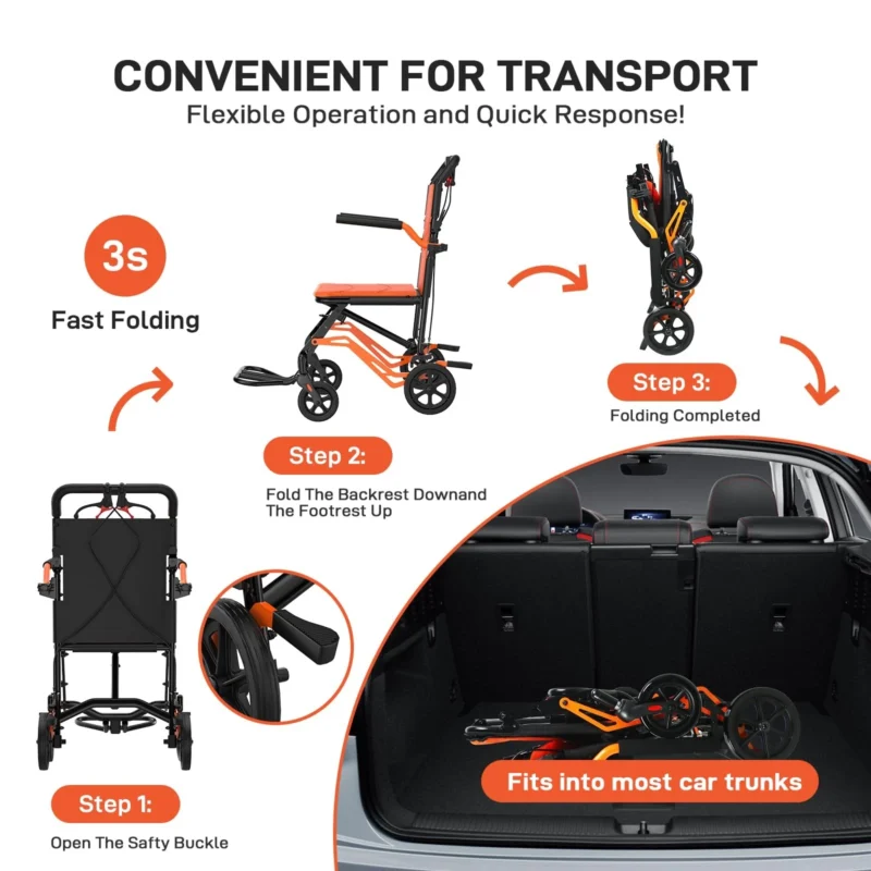 Folding Travel Wheelchair shown with folding steps and trunk storage.