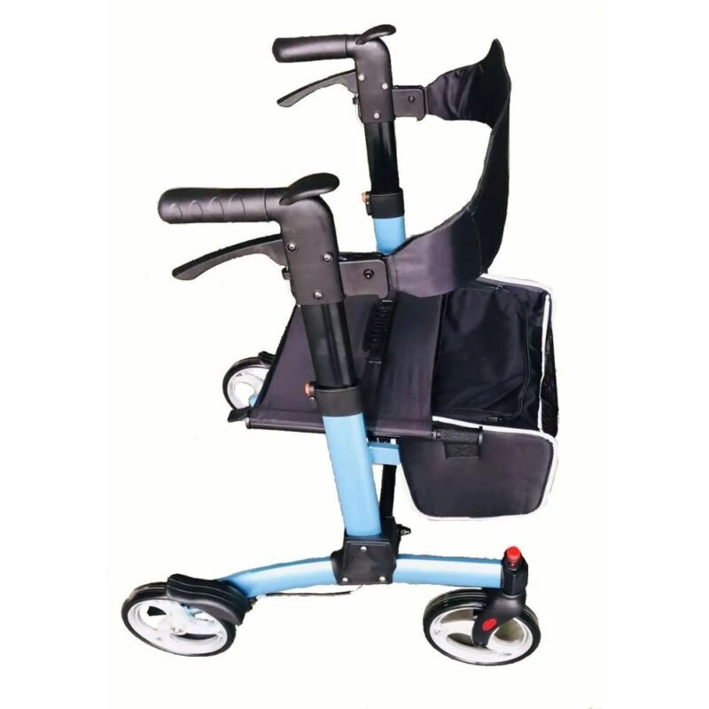 Side view of a blue foldable rollator with a seat and adjustable handles.