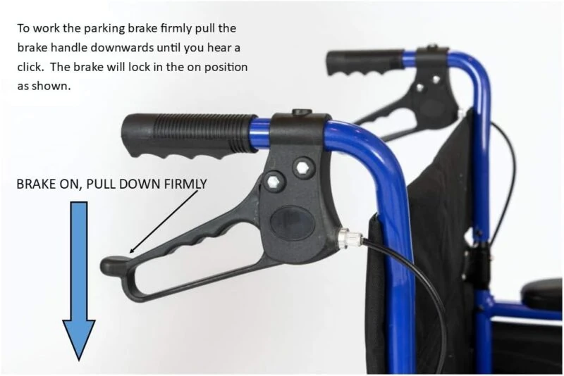 Close-up of brake handle on Dash Express Folding Wheelchair.