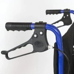 Close-up of brake handles on a blue folding wheelchair.