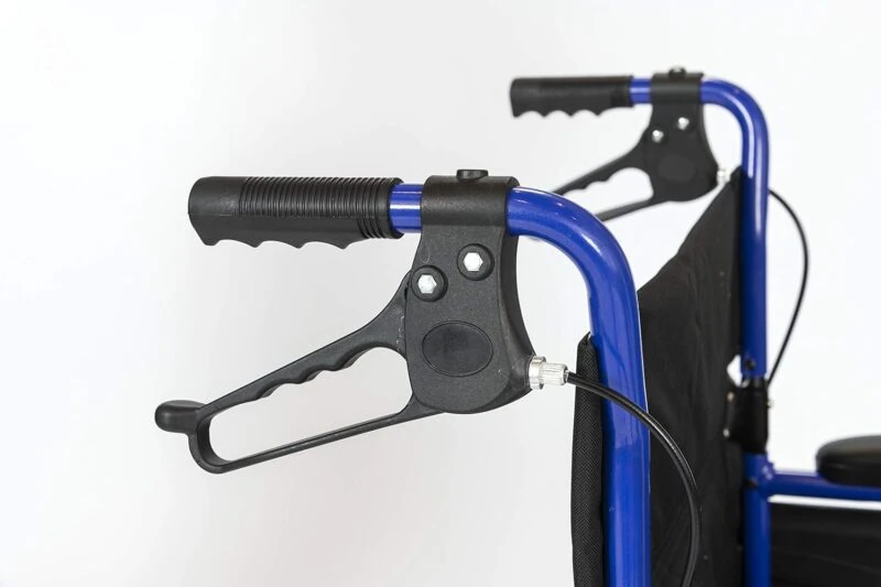 Close-up of brake handles on a blue folding wheelchair.