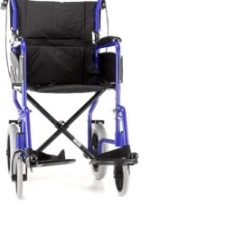 Front view of a blue and black folding wheelchair with large rear wheels.