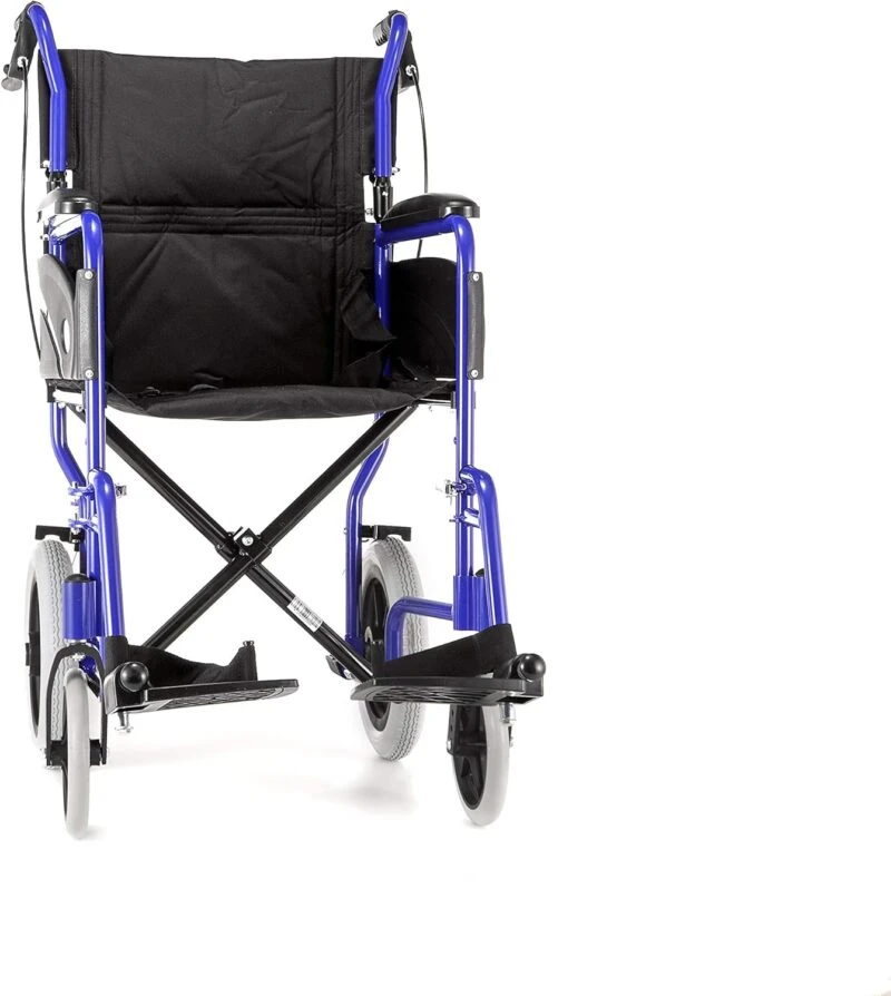 Front view of a blue and black folding wheelchair with large rear wheels.