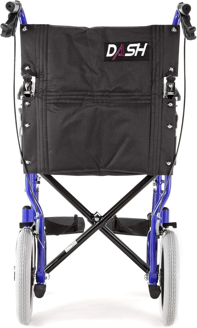 Rear view of a Dash Express Folding Wheelchair with visible logo.