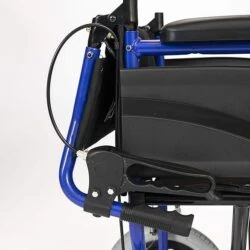 Close-up of the blue folding frame of a wheelchair with brake lever.