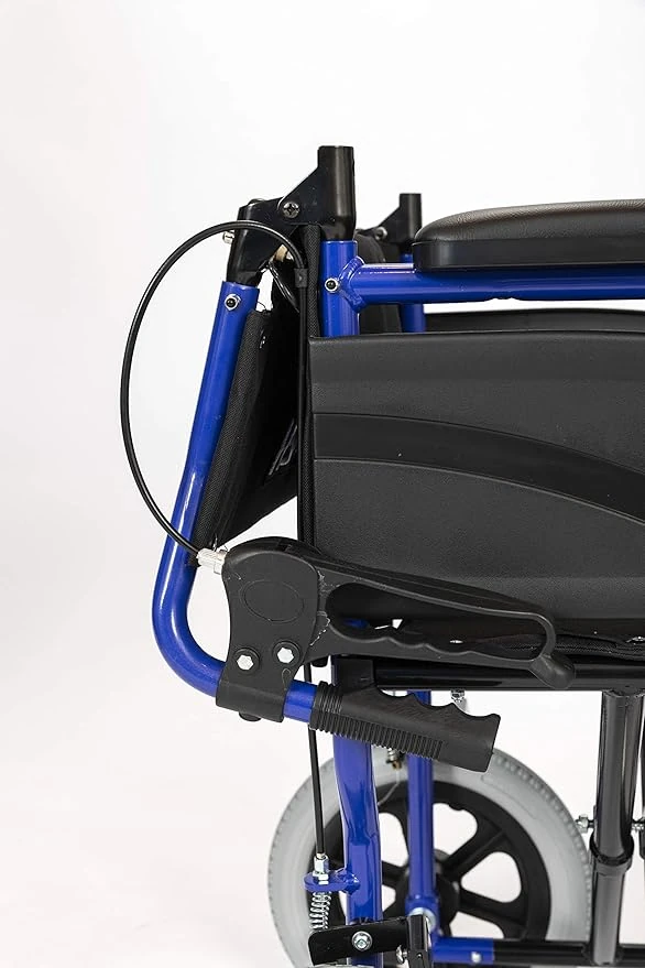 Close-up of the blue folding frame of a wheelchair with brake lever.
