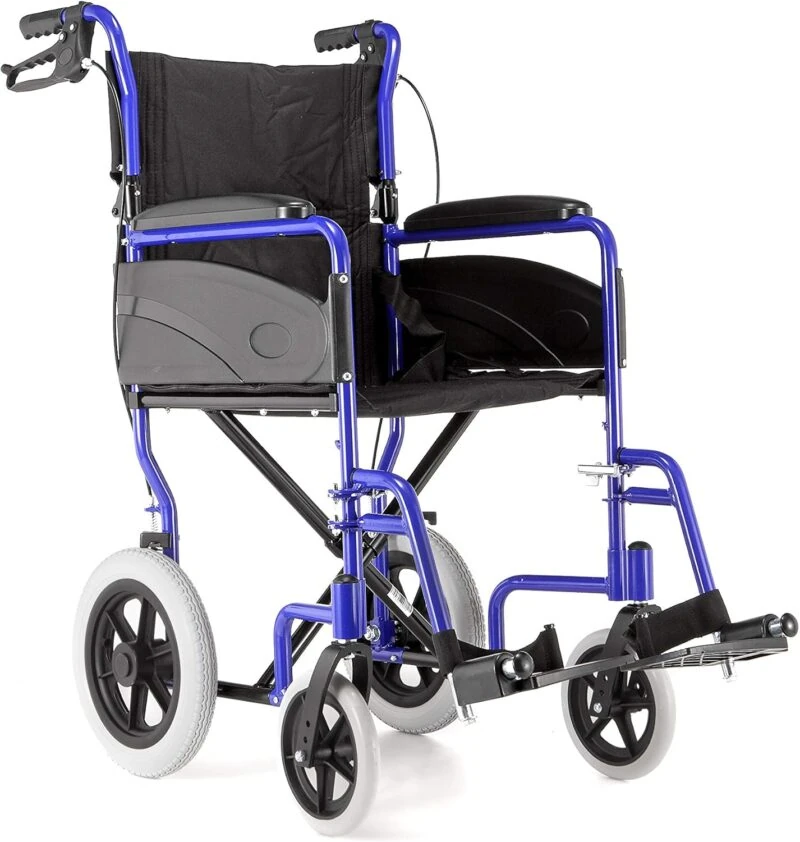 Blue lightweight folding wheelchair with black seat and armrests.