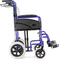 Side view of a blue folding wheelchair with dual brake levers.