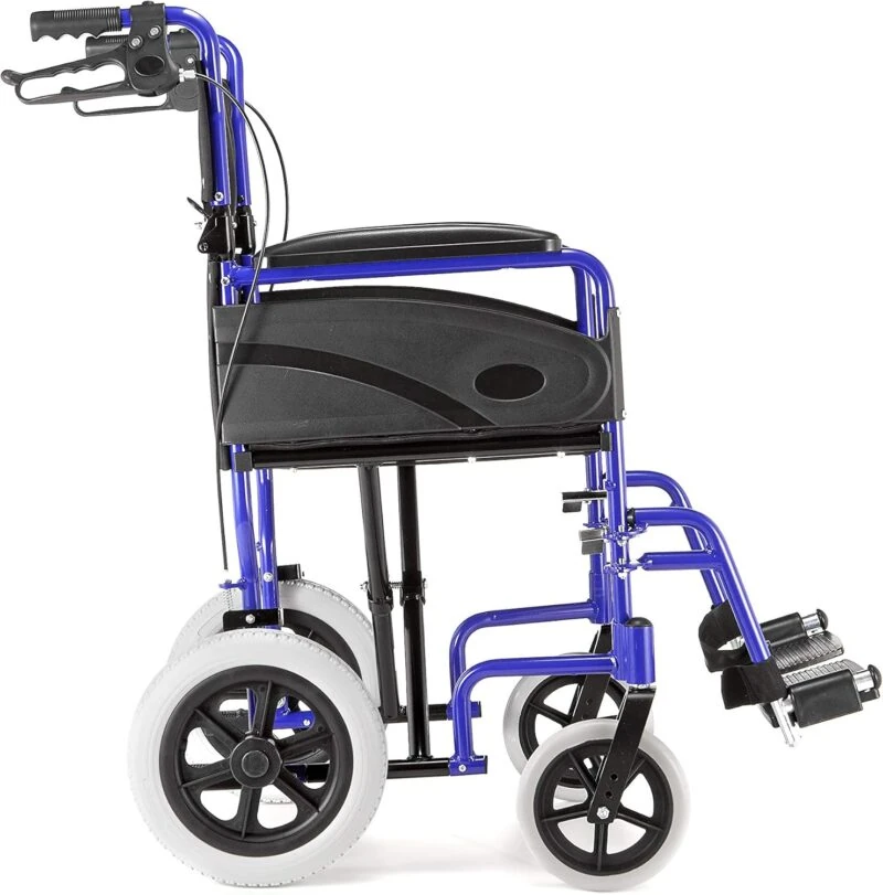 Side view of a blue folding wheelchair with dual brake levers.