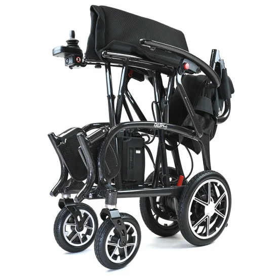Folded Dash Carbon Pro Electric Wheelchair showing compact design.