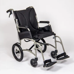 Lightweight transit wheelchair with black seat and silver frame.