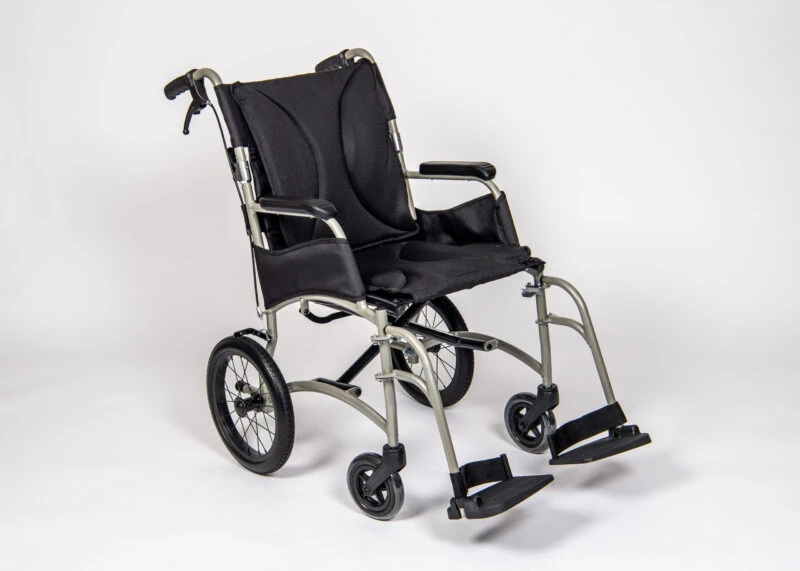 Lightweight transit wheelchair with black seat and silver frame.