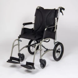 Lightweight transit wheelchair with black seat and silver frame.