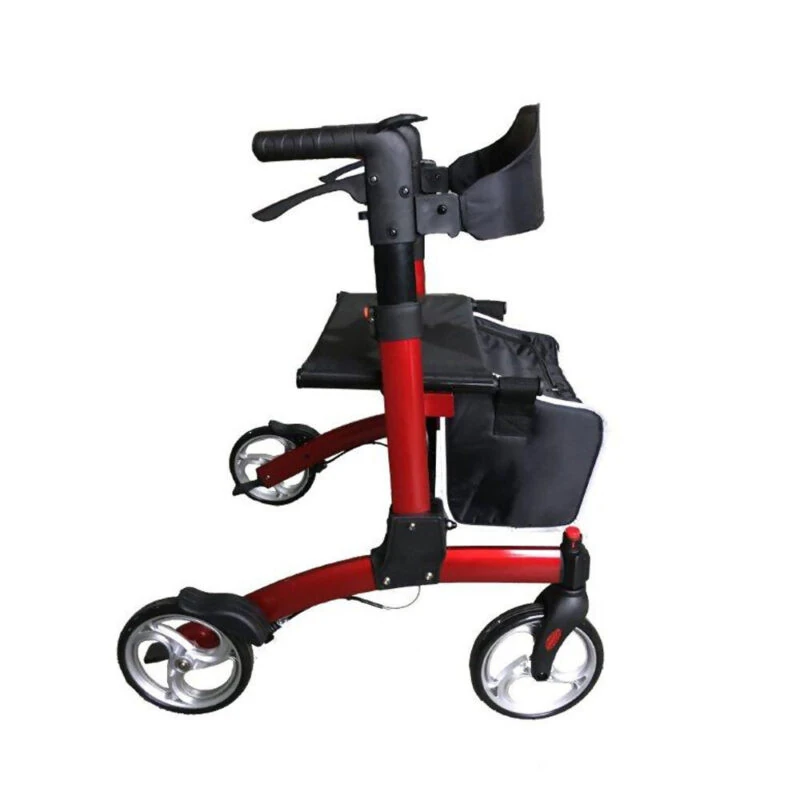 Side view of a red fold down rollator with a seat and shopping bag.