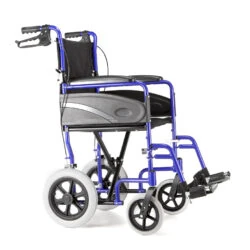 Side view of a blue folding wheelchair with dual brake levers.