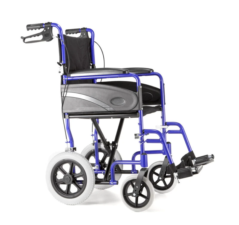 Side view of a blue folding wheelchair with dual brake levers.