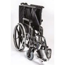 Folded heavy-duty wheelchair with large wheels and footrests.