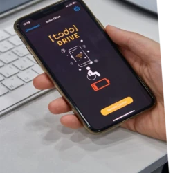 Smartphone displaying Todo Drive app interface for wheelchair control.