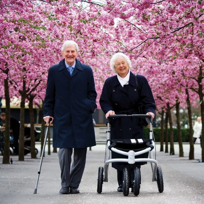 Elderly couple walking with a Trionic Veloped Tour 14er under cherry blossoms.