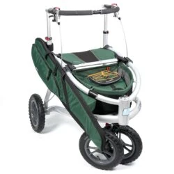 Green hunting walker with large wheels and mounted rifle bag.