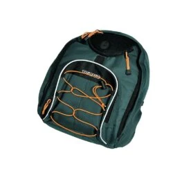 Green backpack with orange accents and Trionic logo.