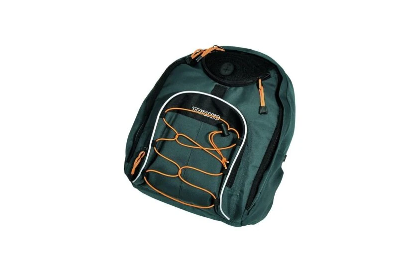 Green backpack with orange accents and Trionic logo.