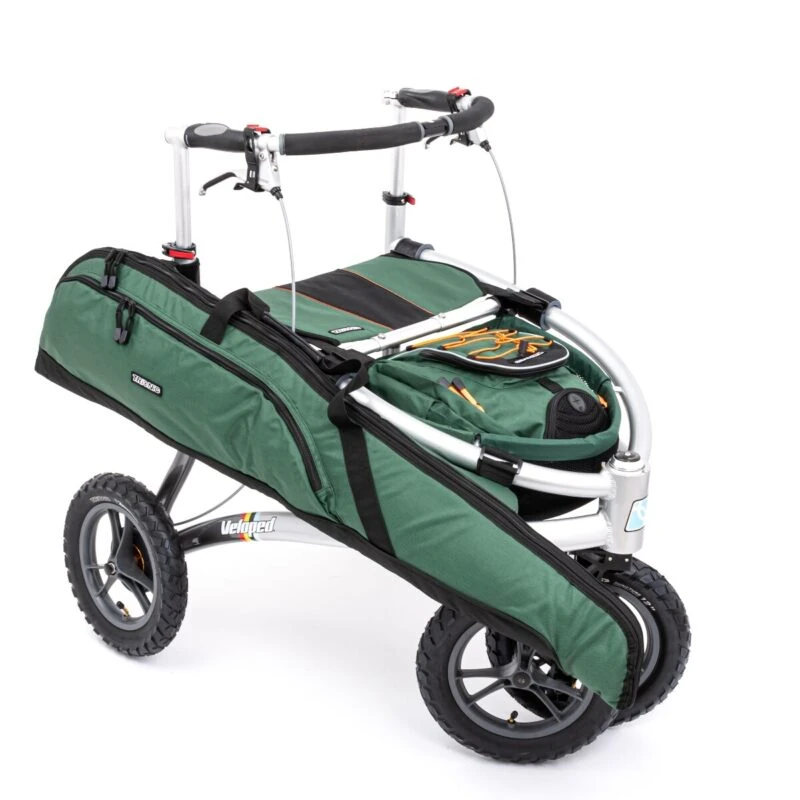 Veloped Jakt 12er walker with mounted green rifle bag and large wheels.
