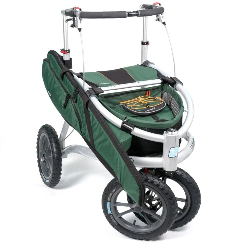 Green Trionic Veloped Jakt 14er with large wheels and storage compartments.