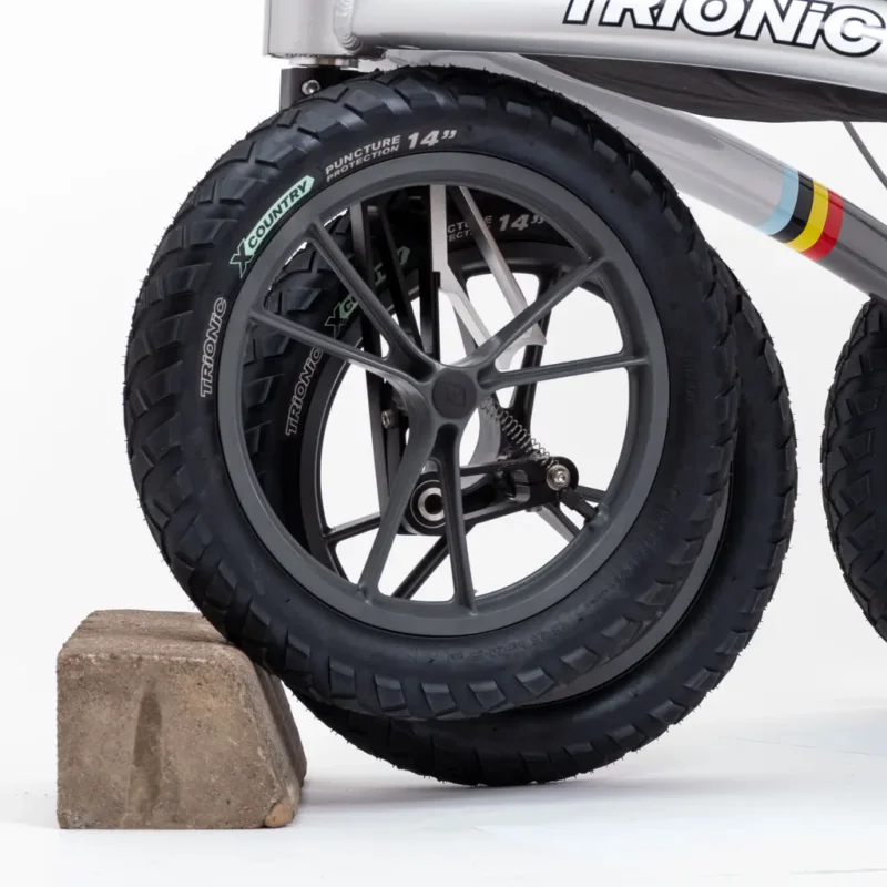 Close-up of Trionic Veloped Trek 14er wheel with X-Country tire.