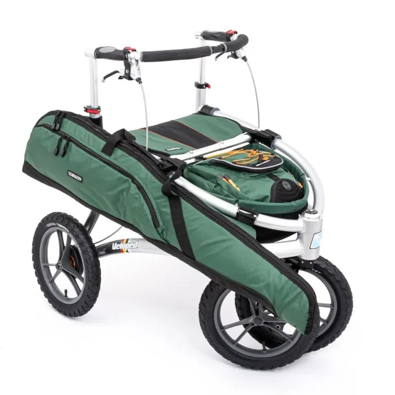 Trionic Veloped Jakt 14er outdoor walker with green storage bags.
