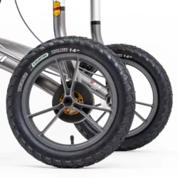 Close-up of Trionic Veloped Trek 14er wheels with X-Country tires.