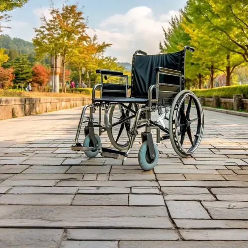 Bariatric wheelchair on a paved path in a park.