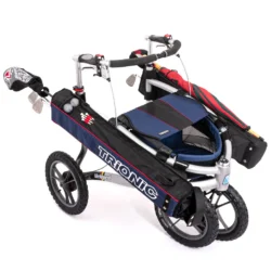 Trionic Veloped Golf Rollator with dual golf bags and large wheels.