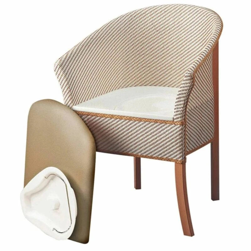 Commode chair with basket weave design and removable padded seat.