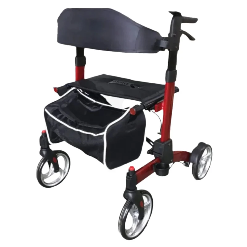Red rollator with seat, backrest, and storage bag.