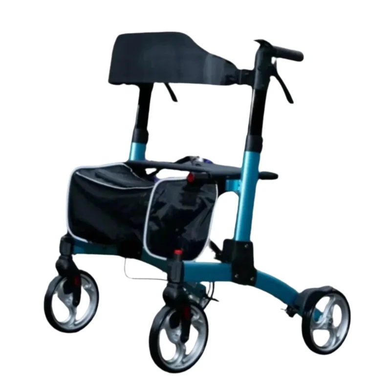 Blue rollator with a padded backrest and shopping bag.