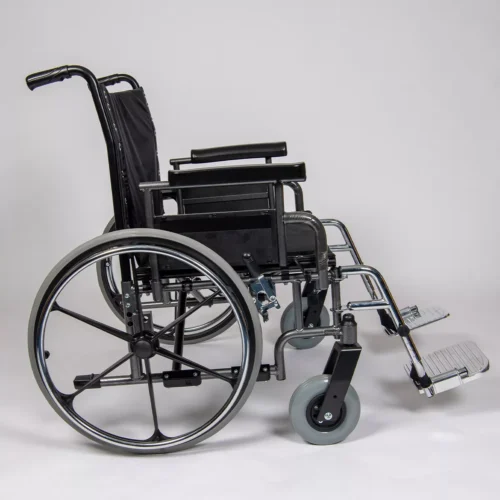Side view of a heavy-duty bariatric wheelchair with large rear wheels.