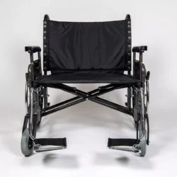Front view of a black, heavy-duty bariatric wheelchair with wide seat and sturdy frame.