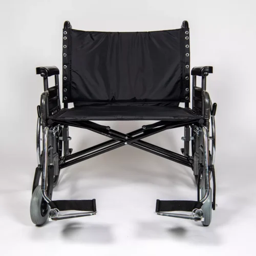 Front view of a black, heavy-duty bariatric wheelchair with wide seat and sturdy frame.