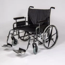 Black bariatric wheelchair with large wheels and footrests.