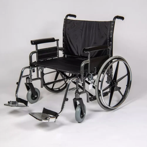Black bariatric wheelchair with large wheels and footrests.