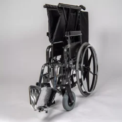 Folded heavy-duty bariatric wheelchair with reinforced frame.