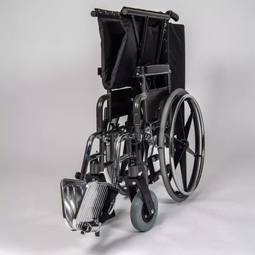 Folded heavy-duty bariatric wheelchair with reinforced frame.