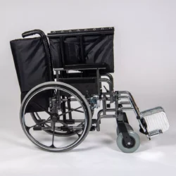 Side view of a bariatric wheelchair with large wheels and metal frame.