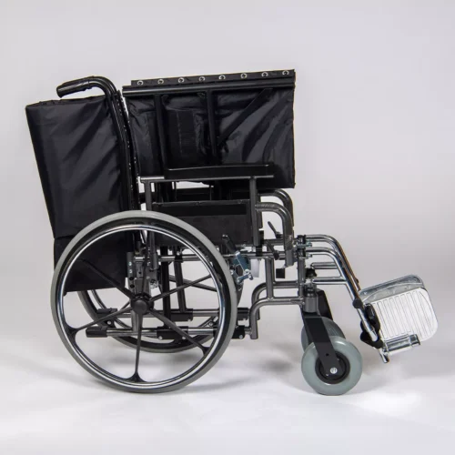 Side view of a bariatric wheelchair with large wheels and metal frame.