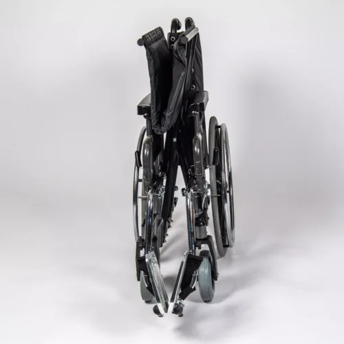 Folded bariatric wheelchair with black frame and large wheels.